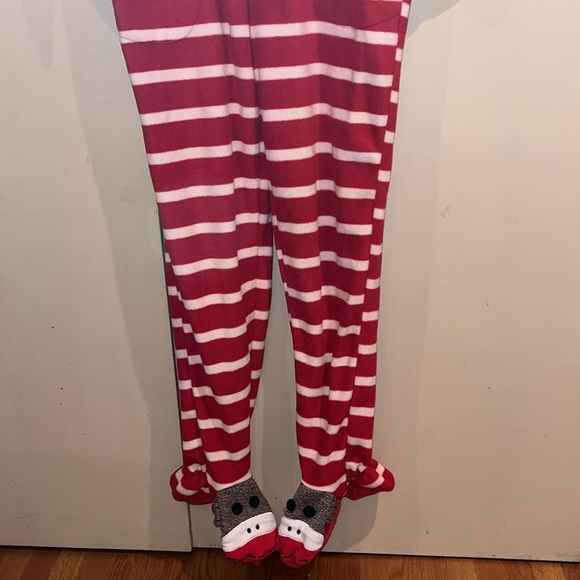 Nick & Nora footed red white sock monkey pajamas adult size small - Picture 3 of 12